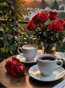 two cups of coffee next to a vase of red roses on a table