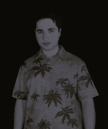 a man in a hawaiian shirt with palm trees on it