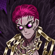 a man with pink hair wearing sunglasses and a gold chain around his neck