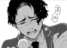 a black and white drawing of a man crying .