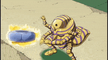a cartoon character is holding a giant nut in his hands .
