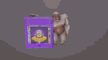 a cartoon gorilla standing next to a purple video game