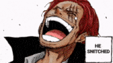 a man with red hair and a beard is laughing with the words he snitched behind him
