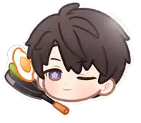 a cartoon drawing of a boy with a frying pan and an egg on his head