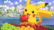 a pikachu is eating a red apple surrounded by fruit