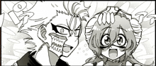 a black and white drawing of a man and a girl with horns