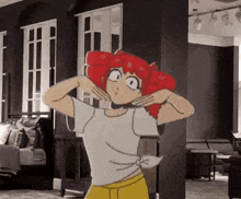 a cartoon of a girl with red hair is standing in a room with her hands on her head .