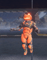 a video game character with a pumpkin head is standing on a pole