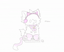 a drawing of a cat wearing headphones with the word mrrp written below it
