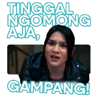a woman in a leather jacket with the words tinggal ngomong aja gampang