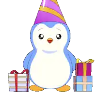 a penguin wearing a party hat holding a birthday cake