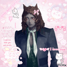 a picture of a man with cat ears is surrounded by pink hearts and says i love you