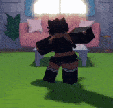 a girl in a black outfit is standing in a living room with a pink couch and a table .