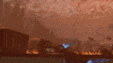 a cartoon drawing of a robot with a shield on fire