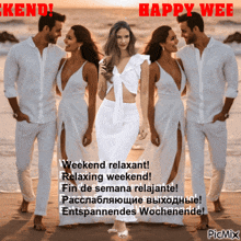 a group of people standing on a beach with a woman in a white dress
