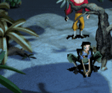 a cartoon of a man in a red shirt and yellow pants