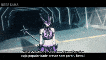 a woman in a purple and black outfit is standing in a hallway with the words nods sama in the upper left corner