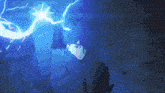 a man in a blue robe is holding a lightning bolt in his hands