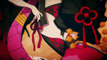 a cartoon drawing of a woman with a red flower on her back