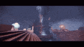 a video game scene with a giant statue in the middle