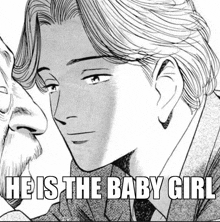 a black and white drawing of a man and a woman with the caption he is the baby girl .