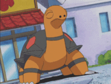 a cartoon turtle is standing on the sidewalk in front of a building