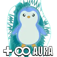 a blue and white penguin is surrounded by ice and the words + ∞ aura