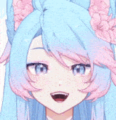 a close up of a girl with blue hair and pink hair
