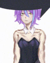 a girl with purple hair is wearing a black hat and a black dress