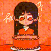 a cartoon girl is sitting in front of a cake .