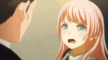 a girl with pink hair and blue eyes is talking to a man in a suit