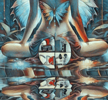 a painting of a woman with a blue butterfly on her back