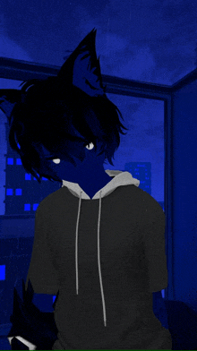 a drawing of a person with a blue face and black hair