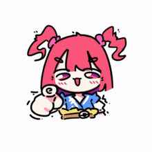 a cartoon drawing of a girl with pink hair and purple eyes