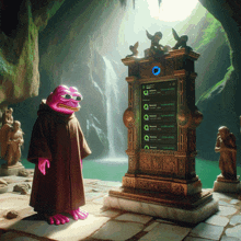 a pink frog in a brown robe stands in front of a statue with a screen that says " tweetbot "