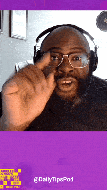 a man wearing glasses and headphones with a purple background that says dailytipspod