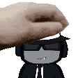 a pixel art of a man wearing headphones and sunglasses being touched by a hand .