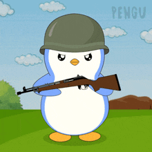 a penguin wearing a helmet and holding a gun with the word pengu on the bottom right