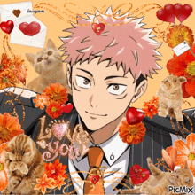 a picture of a man in a suit and tie surrounded by cats and flowers with the words love you written on it