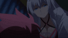a woman with white hair and blue eyes is looking at a boy with red hair