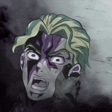 a drawing of a man with a purple face and green hair