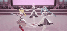 three anime girls are dancing on a stage with their arms outstretched