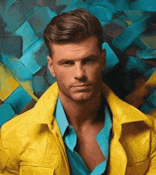a man in a yellow jacket and a blue shirt