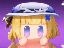 a close up of a cartoon character wearing a hat with a blue star on it .