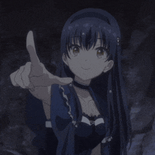 a girl with long blue hair is pointing at something