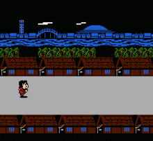 a video game screen shows a man holding a sword in front of a row of houses with the letter f on them