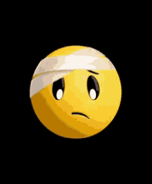 a yellow smiley face with a bandage on it 's head on a black background .
