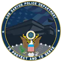 a logo for the los santos police department with an american flag in the background