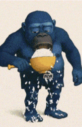 a blue gorilla is holding a bowl of cereal in his mouth