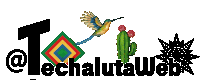 a logo for techalutaweb has a hummingbird and cactus